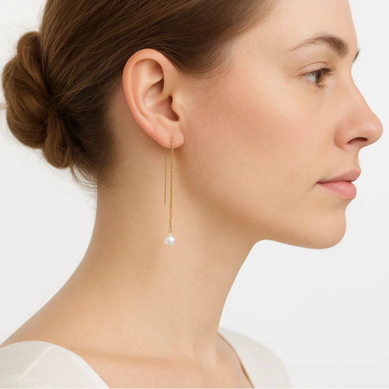 Boucle d’Oreille Pendante en Or Jaune 18 Carats avec Perle de Culture - Image 2
