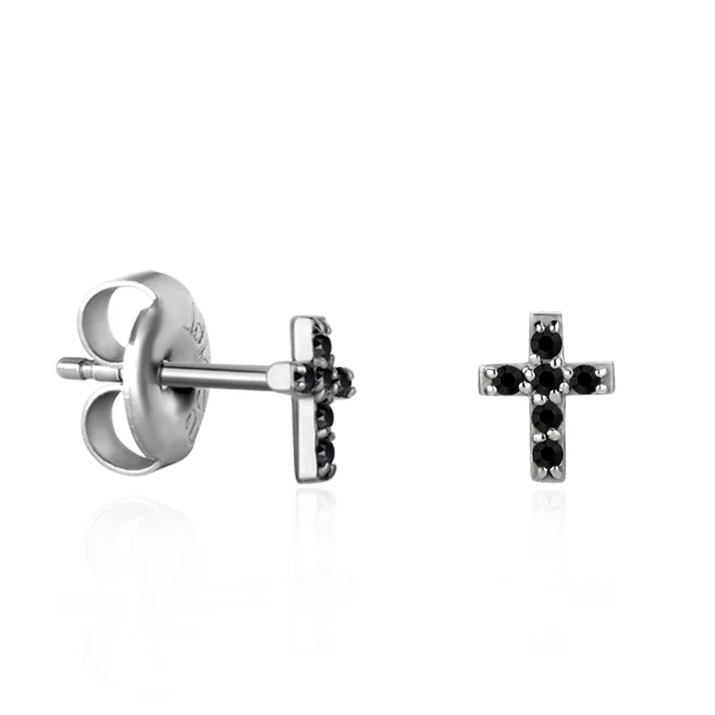 Boucle d'oreille croix en acier et strass - Image 2