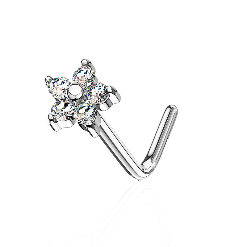 Piercing de nez acier chirurgical avec fleur brillante (barre pliée) - Image 2
