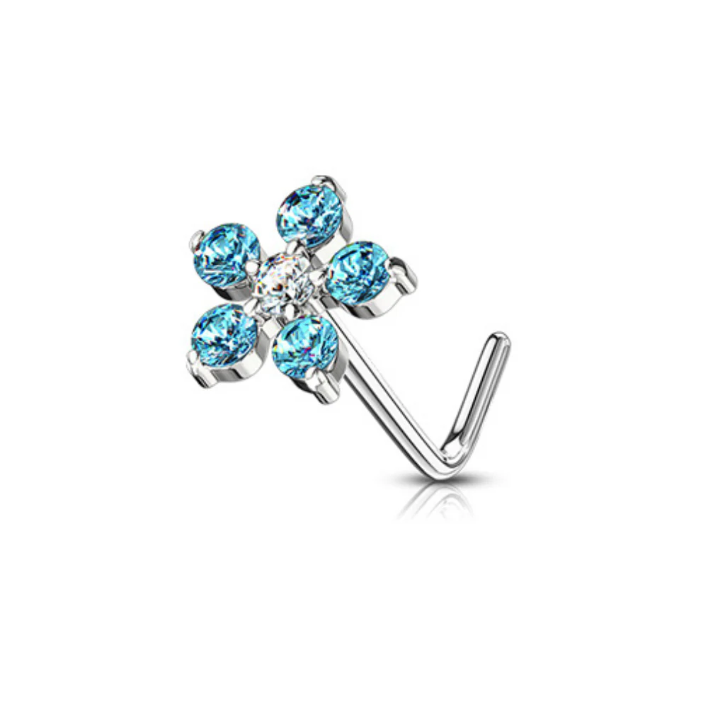 Piercing de nez acier chirurgical avec fleur brillante (barre pliée) - Image 4