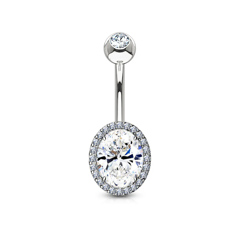 Piercing nombril en acier chirurgical zircon ovale blanc
