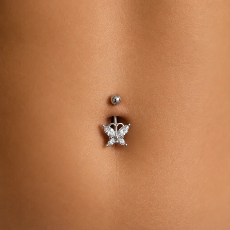 Piercing nombril papillon en acier chirurgical – Zircons blancs - Image 2